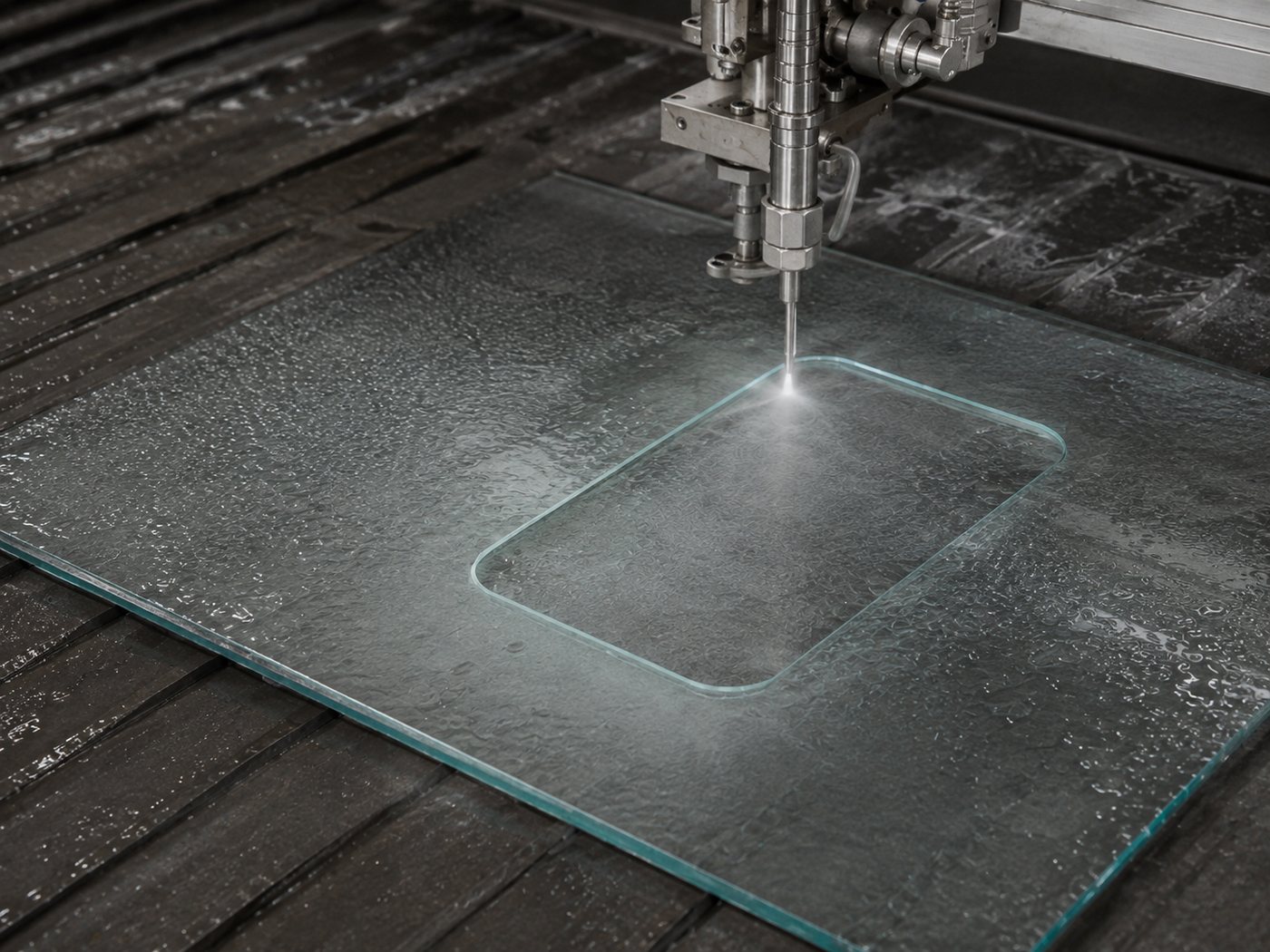 A waterjet cutting a rounded rectangular opening through a sheet of glass