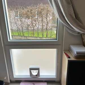 Cat door fitted into a sloped roof window