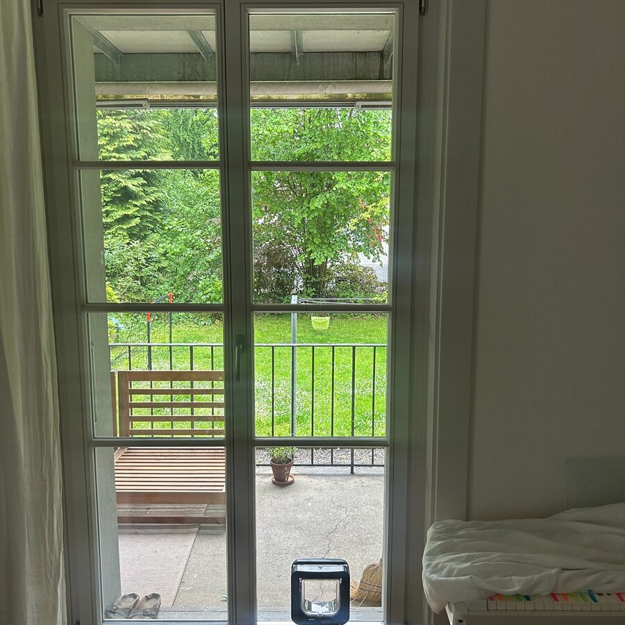 Cat door fitted into a tall glazed balcony door