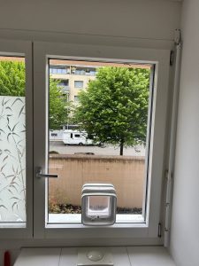 Cat door fitted into a bedroom balcony door