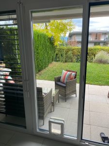 Cat door fitted into an apartment balcony door