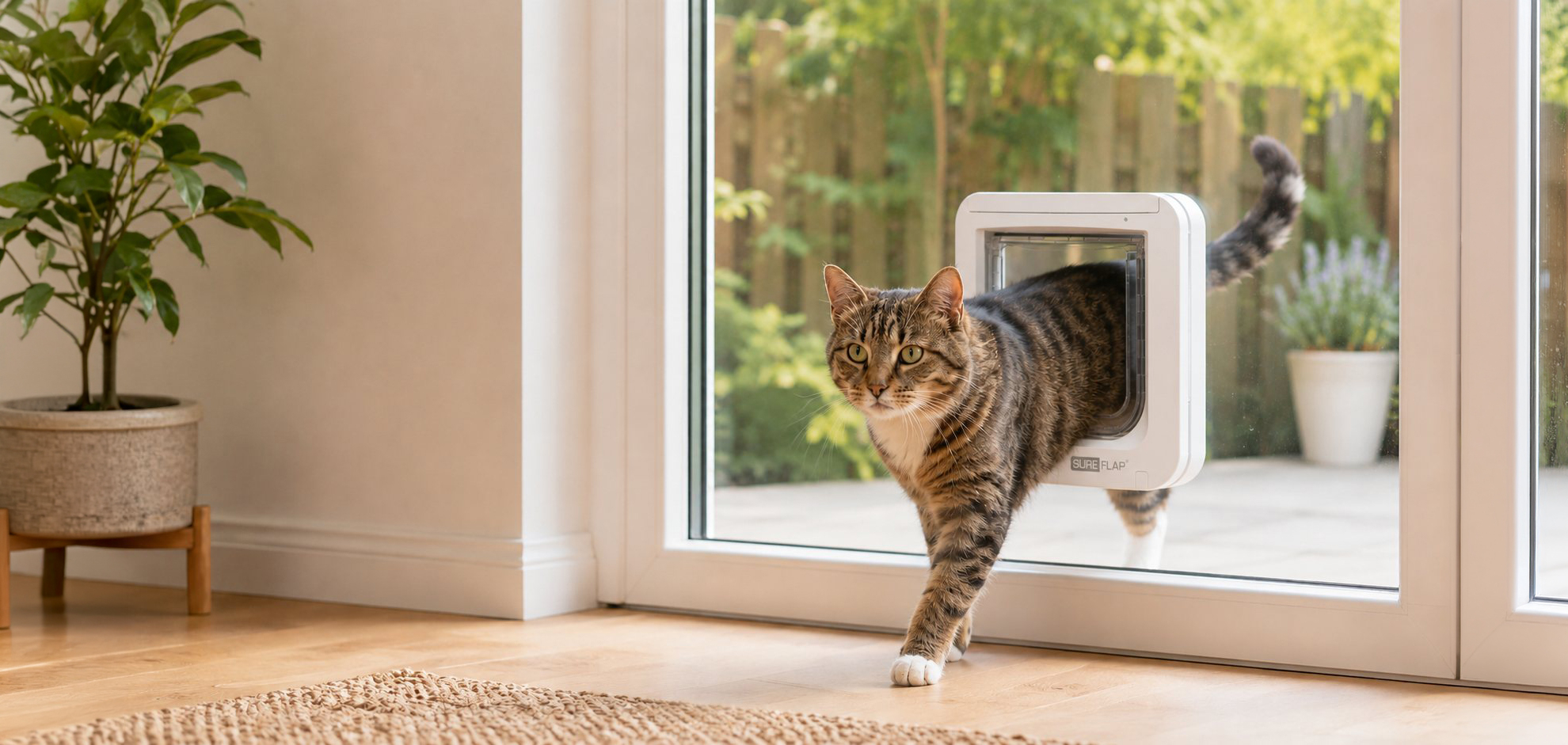 A tabby cat stepping indoors through a cat door fitted into a glazed patio door